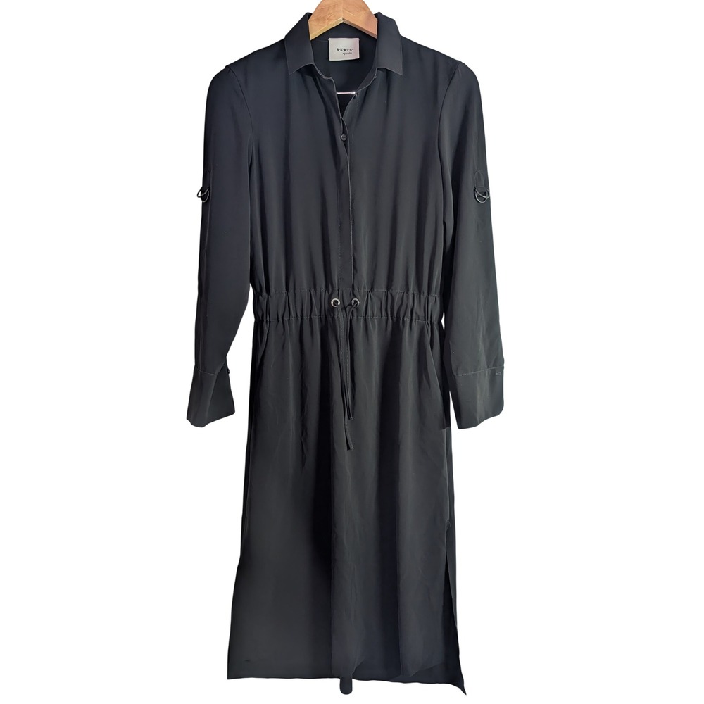 Akris Punto Womens Black Drawstring Waist Roll Tab Sleeve Shirt Dress Size 2